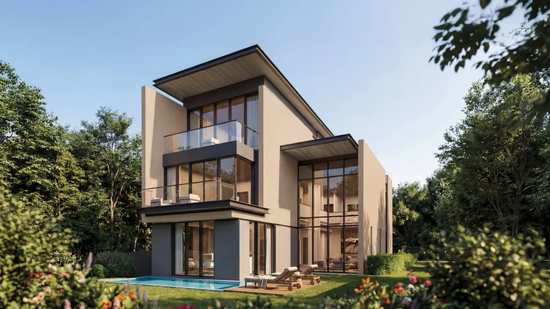 The Orchard Estate Villas at Sobha City Abu Dhabi — modern 3-storey standalone villa exterior with private pool, surrounded by mature gardens. Artist's impression. Indicative only.