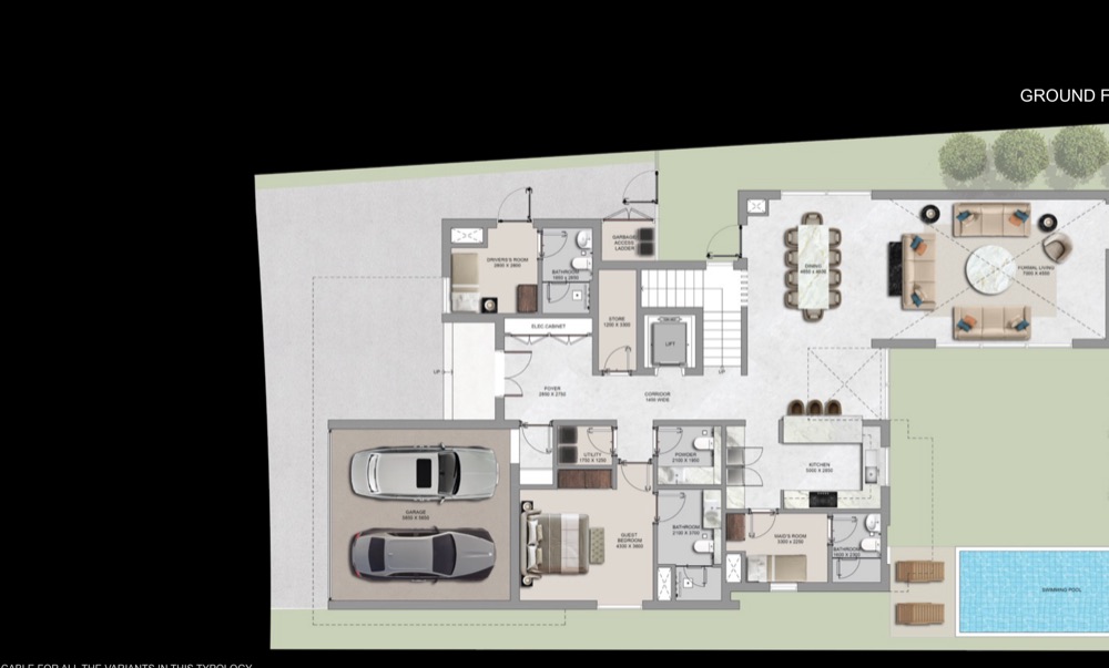 5 BR The Orchard ground-floor plan — Sobha City Abu Dhabi by Sobha Realty. Artist's impression. Indicative only.