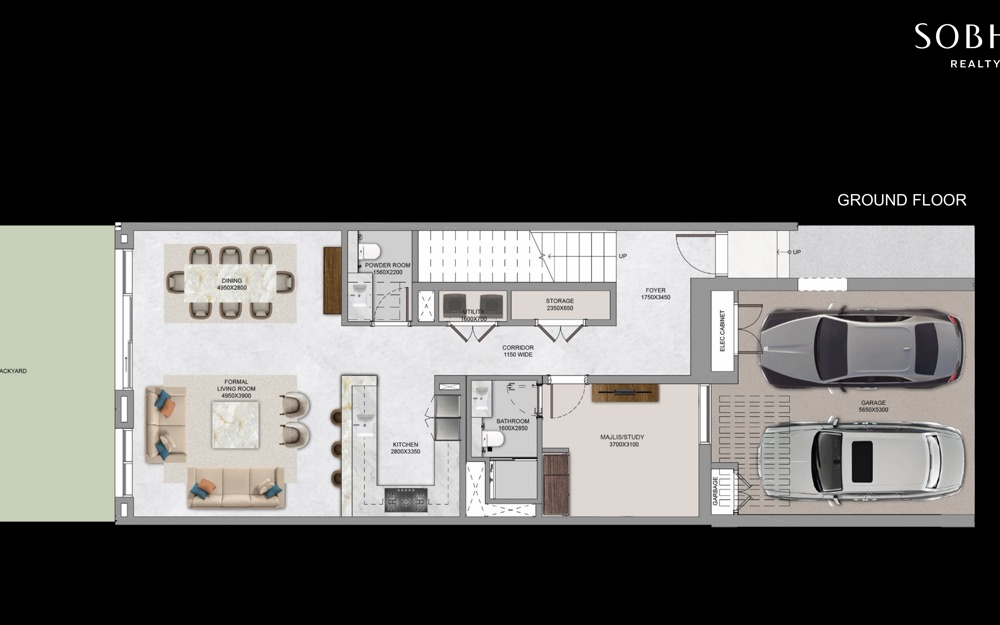 4 BR The Terraces ground-floor plan — Sobha City Abu Dhabi by Sobha Realty. Artist's impression. Indicative only.