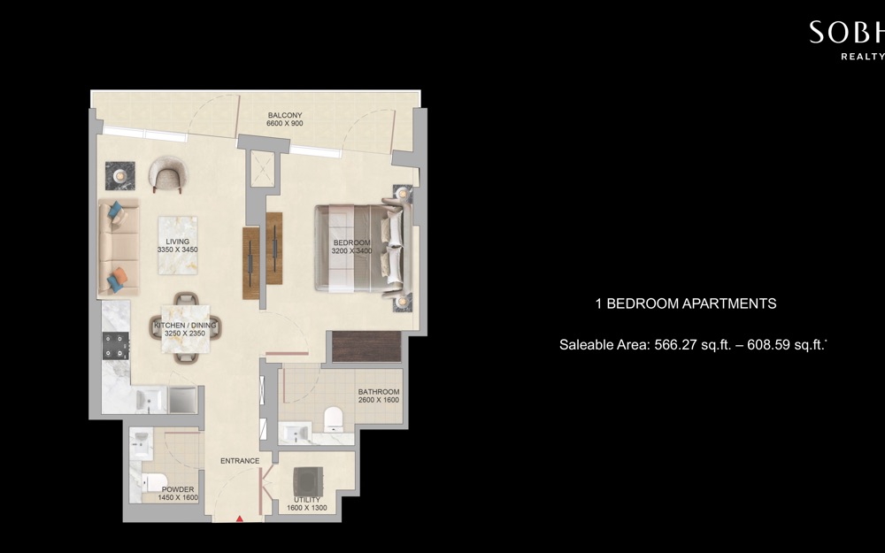 1 BR River Cove Residences ground-floor plan — Sobha City Abu Dhabi by Sobha Realty. Artist's impression. Indicative only.