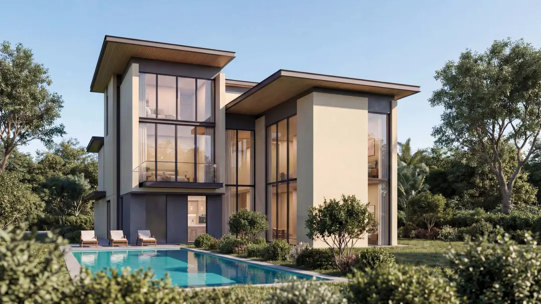The Orchard Estate Villas at Sobha City Abu Dhabi — modern villa exterior with pool and landscaped garden at sunset. Artist's impression. Indicative only.