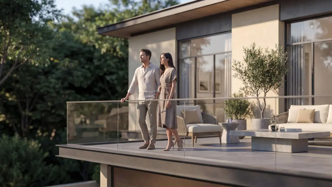 The Orchard Estate Villas at Sobha City Abu Dhabi — residents on a private terrace overlooking the gardens at golden hour. Artist's impression. Indicative only.