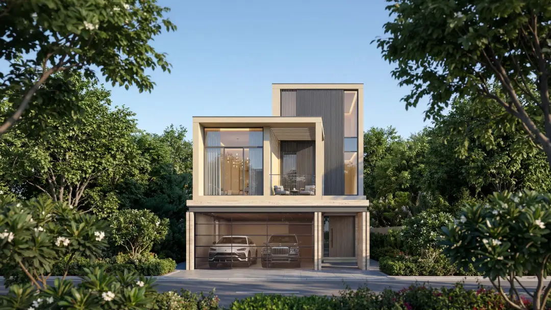 The Terraces Garden Villas at Sobha City Abu Dhabi — front view of a twin garden villa with double garage and balcony. Artist's impression. Indicative only.