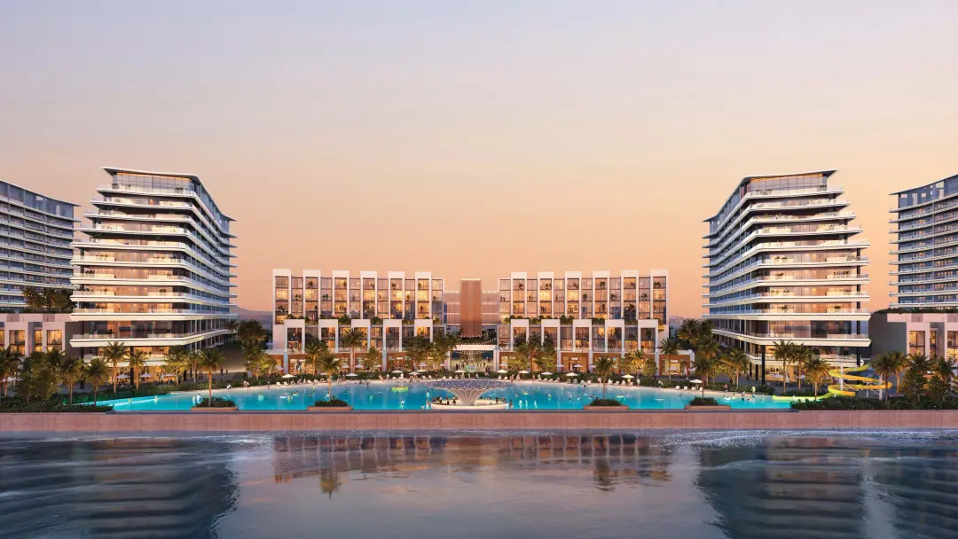 River Cove Residences apartments at Sobha City Abu Dhabi — twin-tower waterfront complex with central infinity lagoon at sunset. Artist's impression. Indicative only.