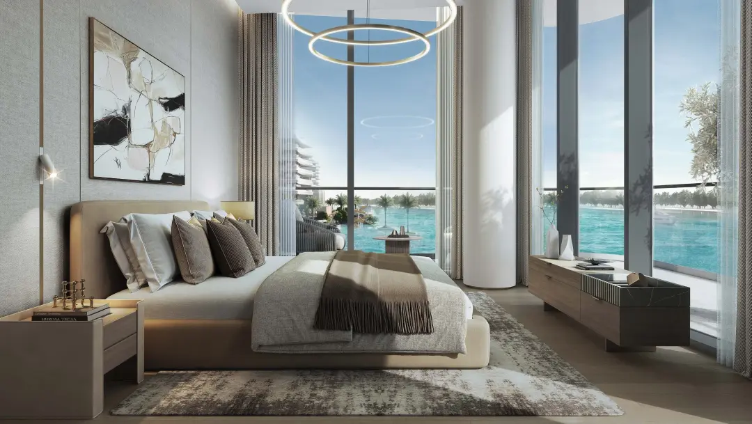 River Cove Residences apartments at Sobha City Abu Dhabi — premium bedroom interior with floor-to-ceiling windows overlooking the community marina. Artist's impression. Indicative only.