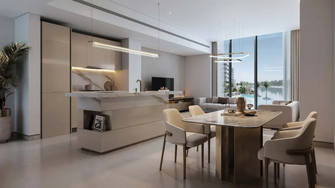 River Cove Residences apartments at Sobha City Abu Dhabi — open-plan kitchen, dining and living area with marina view. Artist's impression. Indicative only.