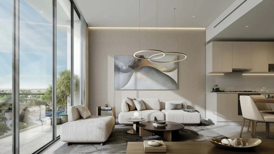 River Cove Residences apartments at Sobha City Abu Dhabi — apartment living room interior with curated art and floor-to-ceiling balcony windows. Artist's impression. Indicative only.