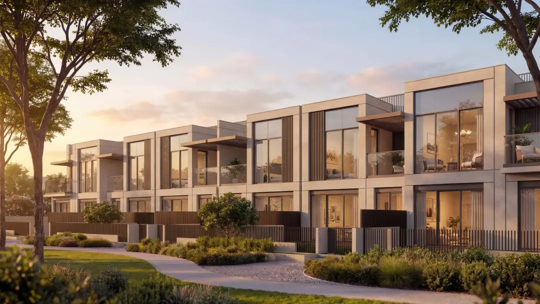The Terraces Garden Villas at Sobha City Abu Dhabi — row of garden townhouses at golden hour with landscaped pathway and balconies. Artist's impression. Indicative only.
