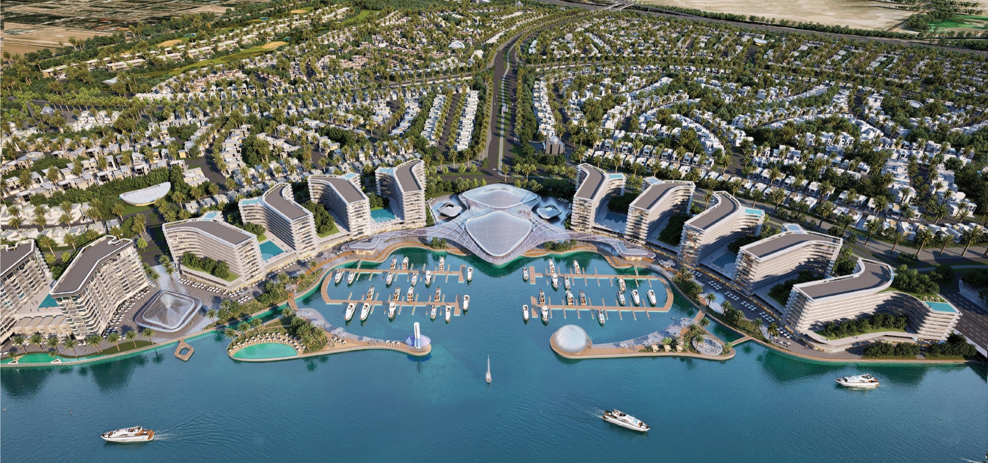 Sobha City Abu Dhabi master community render — aerial view of marina, low-rise apartments and villa community at Al Bahiya, Abu Dhabi. Artist's impression. Indicative only.