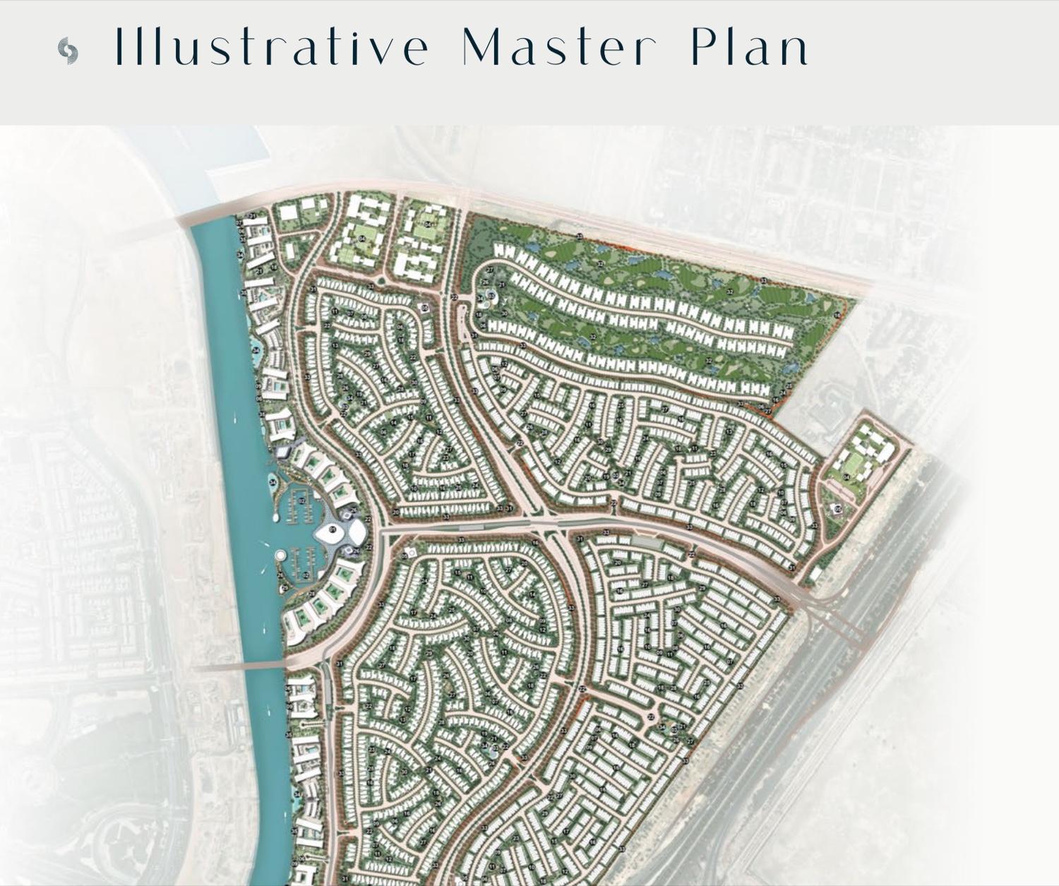 Sobha City Abu Dhabi illustrative master plan — top-down community layout showing villa clusters, apartments, marina, parks and amenities. Artist's impression. Indicative only.